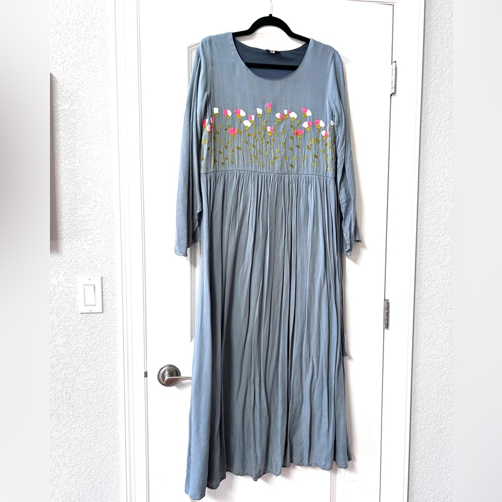 Vintage Embroidered Maxi Cottage floral dress. Bell sleeves. Whimsical. Prairie